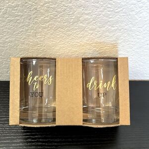New Set of Two Rocks Glasses "Cheers to You" and "Drink Up" ~ 8 Ounces Each